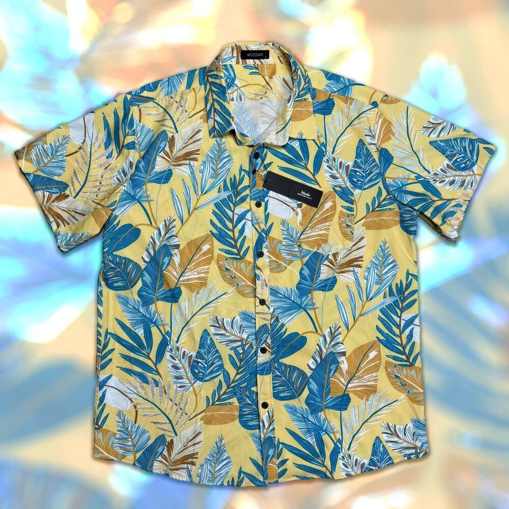 Mcedar Aloha Hawaiian Shirt Button Up Mens XL NEW Yellow Blue Floral Palm Leaves